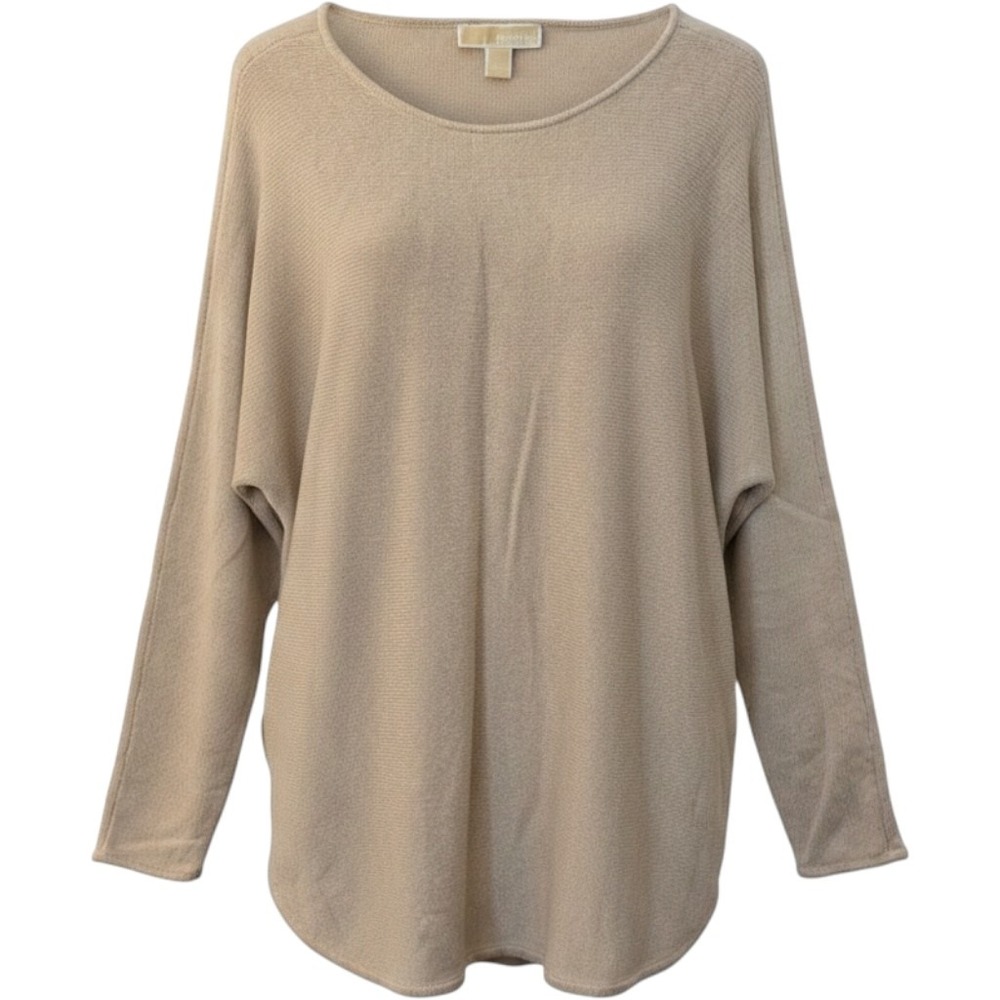 Michael Kors Women's Beige Solid Knit Scoop Neck Zip Logo Pullover Sweater L